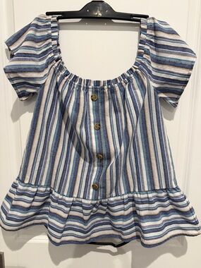 Striped Blue & Cream Peasant Blouse - Button Front